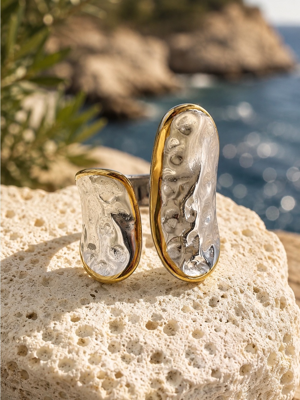 Two-Tone Sculpted Statement Ring — Silver & Gold tones